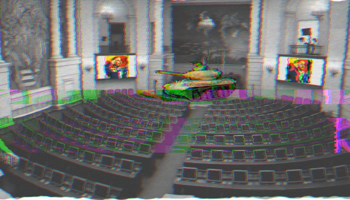 Imagen del Capitolio distorsionada con un tanque de guerra presidiendo y dos pantallas que muestran la imagen de Abelardo de la Espriella haciendo el saludo militar.