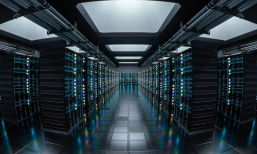 Un centro de datos de IA, muchas torres de computadores.