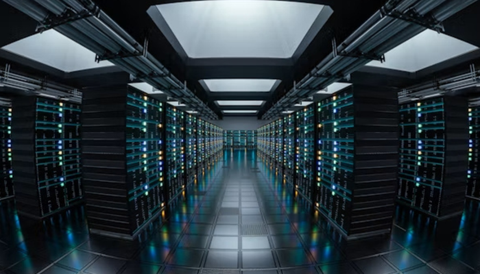 Un centro de datos de IA, muchas torres de computadores.