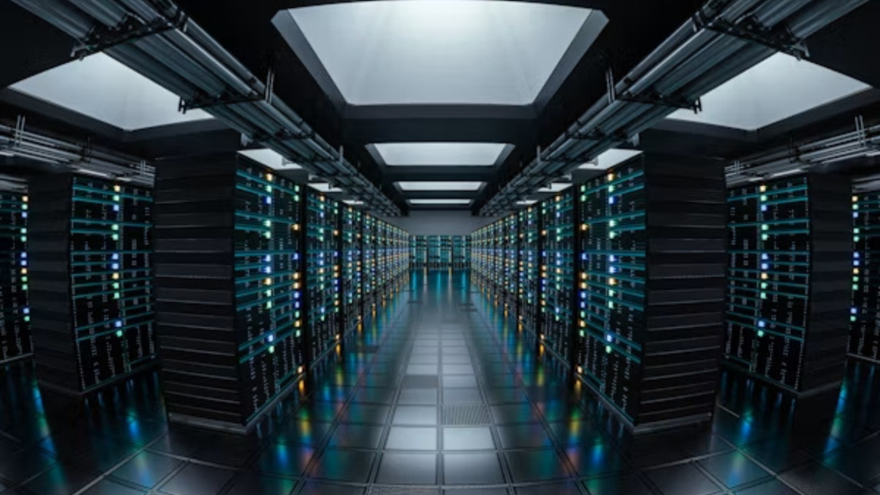 Un centro de datos de IA, muchas torres de computadores.