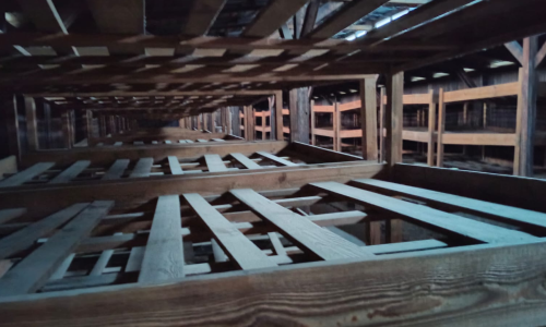 Foto del complejo Auschwitz – Birkenau en la que se ve una serie de camastros sin colchón, andamiajes de maderas en donde presumimos dormían los prisioneros.