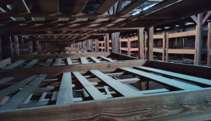 Foto del complejo Auschwitz – Birkenau en la que se ve una serie de camastros sin colchón, andamiajes de maderas en donde presumimos dormían los prisioneros.