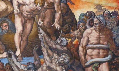 Detalle de El Juicio Final, fresco de Miguel Ángel en el que se ve a la derecha a Minos con los rasgos de Bagio di Cesena. Capilla Sixtina, 1536 - 1541.
