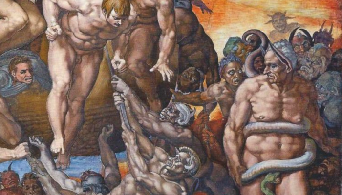 Detalle de El Juicio Final, fresco de Miguel Ángel en el que se ve a la derecha a Minos con los rasgos de Bagio di Cesena. Capilla Sixtina, 1536 - 1541.