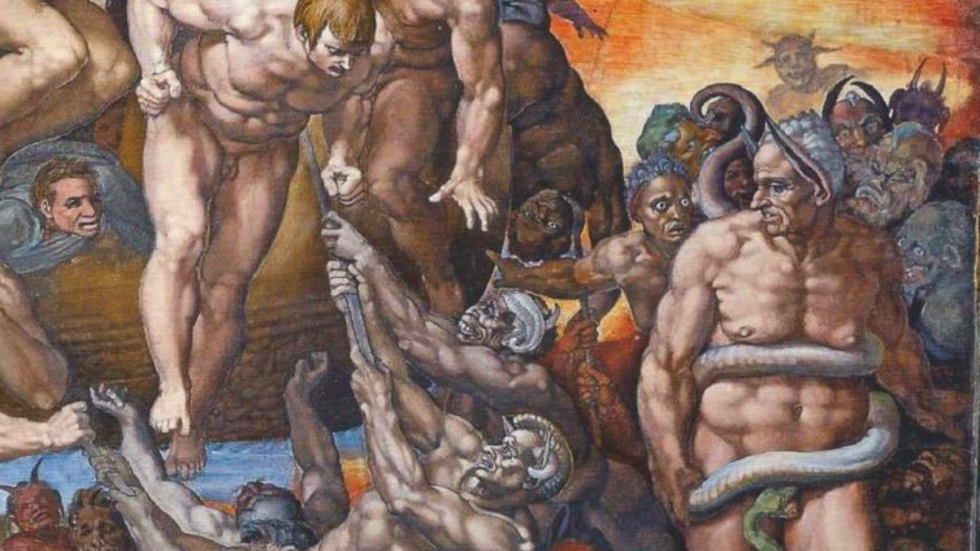 Detalle de El Juicio Final, fresco de Miguel Ángel en el que se ve a la derecha a Minos con los rasgos de Bagio di Cesena. Capilla Sixtina, 1536 - 1541.