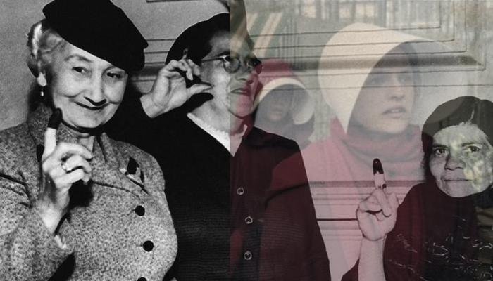 Imagen de las primeras mujeres en votar en Colombia, fotografía en blanco y negro, en contraste con los personajes femeninos de la serie El cuento de la criada.