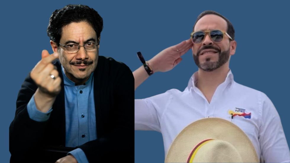 Iván Cepeda haciendo el símbolo del corazón coreano con los dedos de la mano y Abelardo de la Espriella haciendo el saludo militar. Los dos símbolos con los que los candidatos buscan seducir a su público.