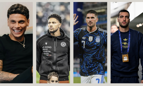 Collage con algunos de los jugadores de fútbol que van al mundial que han sido mencionados entre los más bellos del certamen: Richard Ríos, Maduka Okoye, Rodrigo De Paul y Mikel Merino.