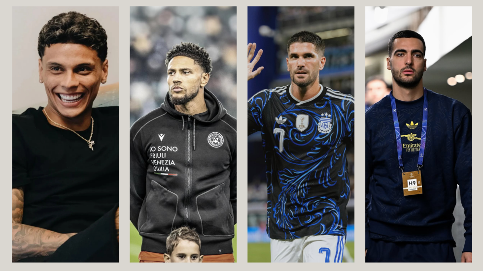 Collage con algunos de los jugadores de fútbol que van al mundial que han sido mencionados entre los más bellos del certamen: Richard Ríos, Maduka Okoye, Rodrigo De Paul y Mikel Merino.
