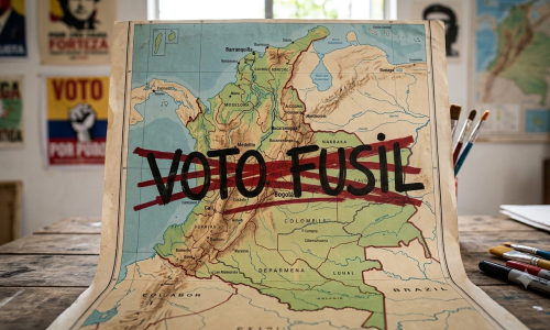 Mapa de Colombia con la expresión "voto fusil" tachada.