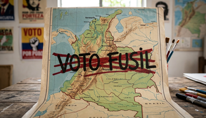 Mapa de Colombia con la expresión "voto fusil" tachada.