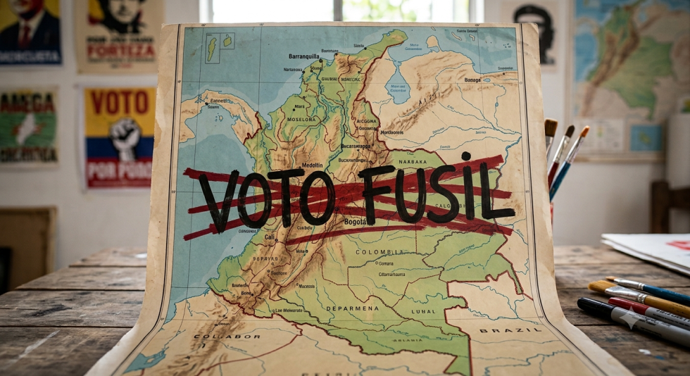 Mapa de Colombia con la expresión "voto fusil" tachada.