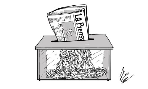Es una ilustración hecha por Juan Grajales de un periódico que se llama La Prensa siendo destruido por una máquina para triturar papel.