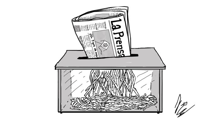Es una ilustración hecha por Juan Grajales de un periódico que se llama La Prensa siendo destruido por una máquina para triturar papel.