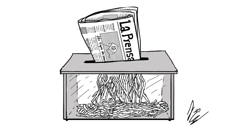 Es una ilustración hecha por Juan Grajales de un periódico que se llama La Prensa siendo destruido por una máquina para triturar papel.
