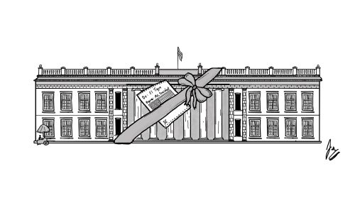 Ilustración de Juan Grajales, llamada "Souvenir" que muestra la Casa de Nariño con un moño para regalo y con una tarjeta que dice "De: El Tigre. Para: Mr. President". La tarjeta tiene la bandera de USA de fondo.