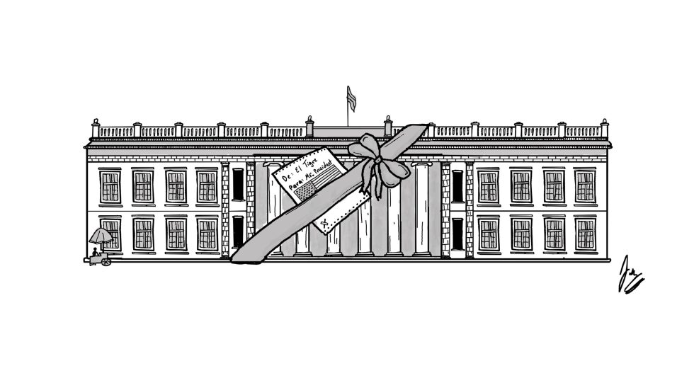 Ilustración de Juan Grajales, llamada "Souvenir" que muestra la Casa de Nariño con un moño para regalo y con una tarjeta que dice "De: El Tigre. Para: Mr. President". La tarjeta tiene la bandera de USA de fondo.