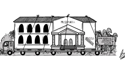 Ilustrción de Juan Grajales que hace referencia a la sede de la presidencia que Abelardo de la Espriella está montando en Barranquilla. Se ve un camión con una bajacama sobre el que se traslada la sede en la vía a la costa que se infiere de una señalética de la carretera que muestra varios destinos: Charranquilla, Cartagena, Washington, Bogotá?