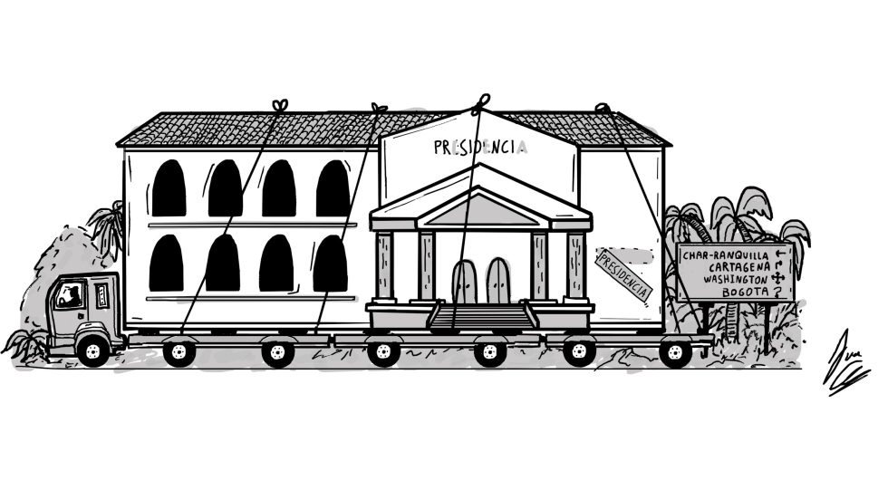 Ilustrción de Juan Grajales que hace referencia a la sede de la presidencia que Abelardo de la Espriella está montando en Barranquilla. Se ve un camión con una bajacama sobre el que se traslada la sede en la vía a la costa que se infiere de una señalética de la carretera que muestra varios destinos: Charranquilla, Cartagena, Washington, Bogotá?