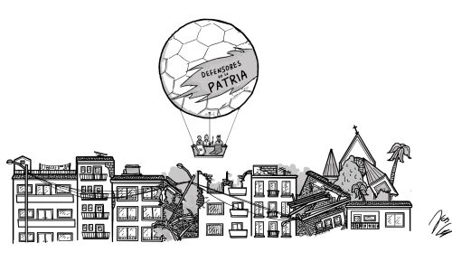 Ilustración de Juan Grajales en la que se ve un gran globo que dice "defensores de la patria" en el que se ven dos banderas colgadas, la de Israel y la de Estados Unidos. En el globo va Abelardo de la Espriella con Benjamín Netanyahu y Donald Trump, sobrevolando los estragos del terremoto.