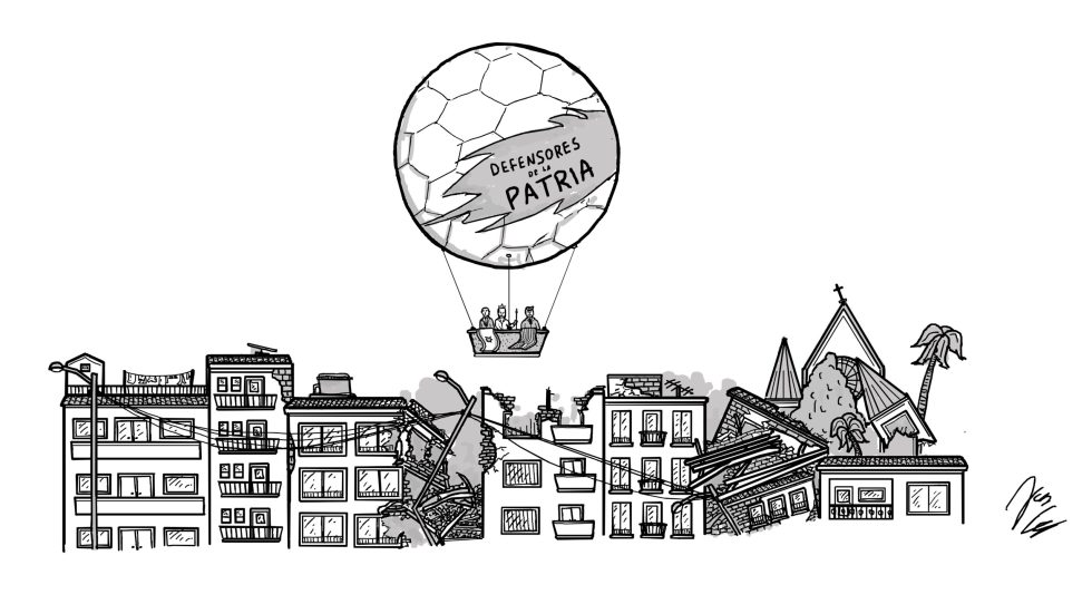 Ilustración de Juan Grajales en la que se ve un gran globo que dice "defensores de la patria" en el que se ven dos banderas colgadas, la de Israel y la de Estados Unidos. En el globo va Abelardo de la Espriella con Benjamín Netanyahu y Donald Trump, sobrevolando los estragos del terremoto.