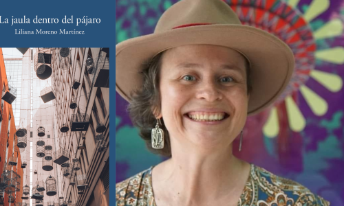 Foto de la portada del libro y de la escritora, sonriente y de sombrero