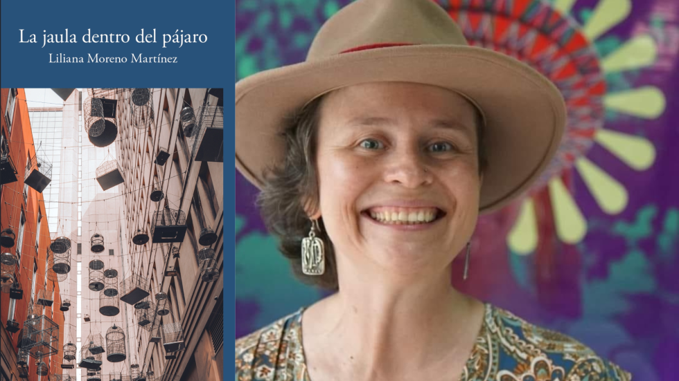 Foto de la portada del libro y de la escritora, sonriente y de sombrero