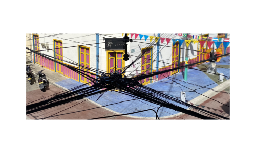Fragmento de una foto de una casa cafetera tradicional con techo de paja. En el primer plano se ven unos cables de energía.
