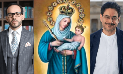 En la foto aparecen Abelardo de la Espriella e Iván Cepeda y en la mitad una ilustración de la Virgen de Chiquinquirá