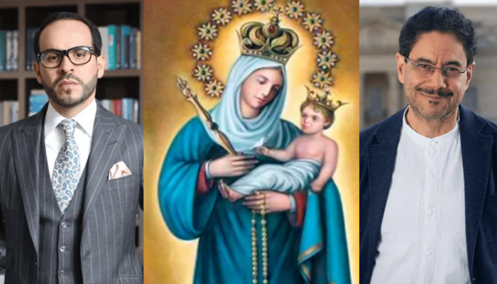 En la foto aparecen Abelardo de la Espriella e Iván Cepeda y en la mitad una ilustración de la Virgen de Chiquinquirá