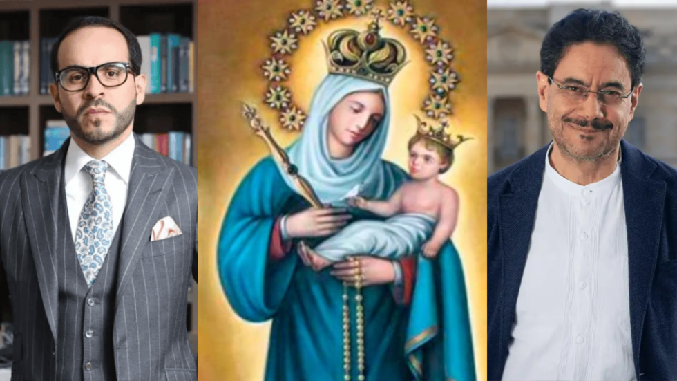 En la foto aparecen Abelardo de la Espriella e Iván Cepeda y en la mitad una ilustración de la Virgen de Chiquinquirá
