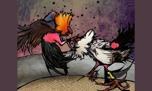 Ilustración colorida de una pelea de gallos