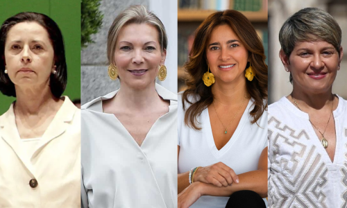 Rostros de las esposas de Uribe, Santos, Iván Duque y Petro. Las cuatro aparecen vestidas de blanco.
