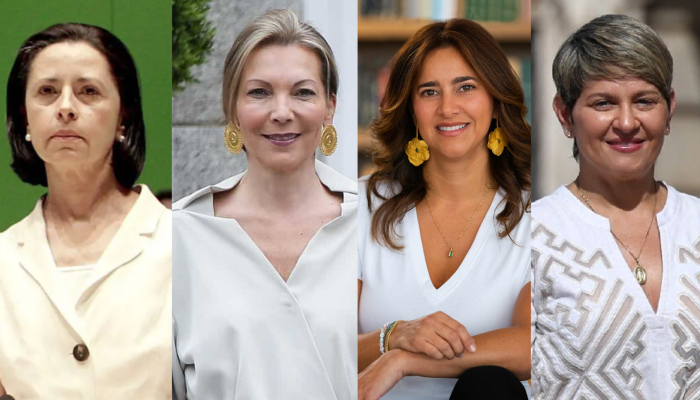 Rostros de las esposas de Uribe, Santos, Iván Duque y Petro. Las cuatro aparecen vestidas de blanco.