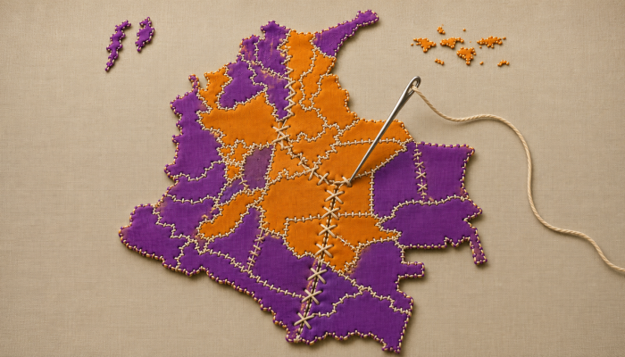 Ilustración del mapa de Colombia en dos colores y una aguja e hilo cosiendo los pedazos