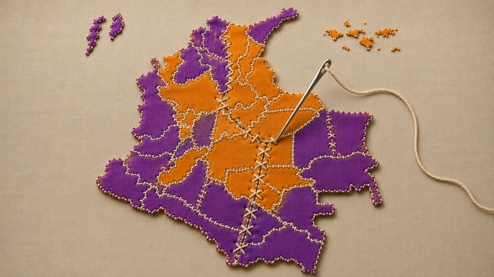 Ilustración del mapa de Colombia en dos colores y una aguja e hilo cosiendo los pedazos