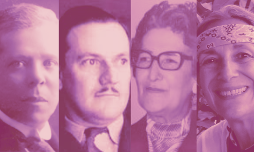 Imagen en blanco y negro con filtro morado de los rostros de Max Grillo, Bernardo Arias Trujillo, Carmelina Soto y Albalucía Angel