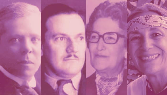 Imagen en blanco y negro con filtro morado de los rostros de Max Grillo, Bernardo Arias Trujillo, Carmelina Soto y Albalucía Angel