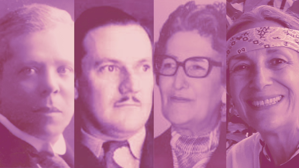 Imagen en blanco y negro con filtro morado de los rostros de Max Grillo, Bernardo Arias Trujillo, Carmelina Soto y Albalucía Angel