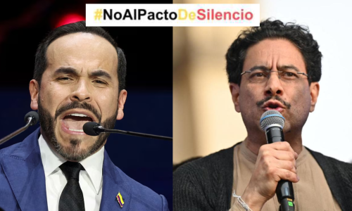 Rostros de Abelardo de la Espriella e Iván cepeda hablando por micrófono