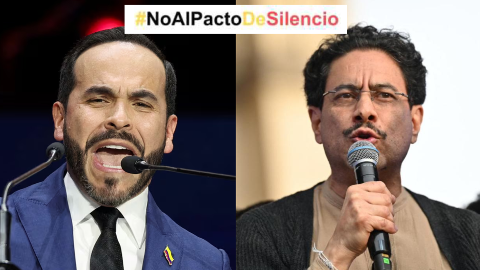 Rostros de Abelardo de la Espriella e Iván cepeda hablando por micrófono