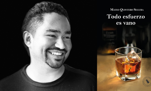 Foto de la portada del libro Todo esfuerzo es vano, con un vaso de Whisky, y foto del rostro del autor, Mateo Quintero Segura