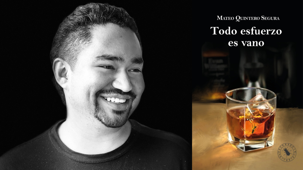 Foto de la portada del libro Todo esfuerzo es vano, con un vaso de Whisky, y foto del rostro del autor, Mateo Quintero Segura