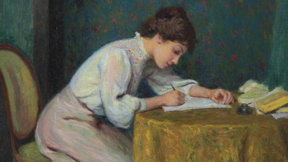 Detalle de "Mujer joven escribiendo una carta" (1874), de Federico Zandomeneghi.
