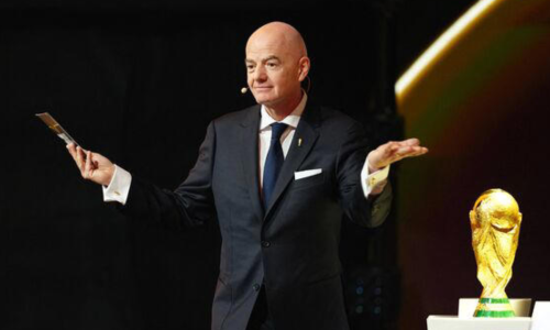 Gianni Infantino en el sorteo de los grupos del Mundial 2026. /