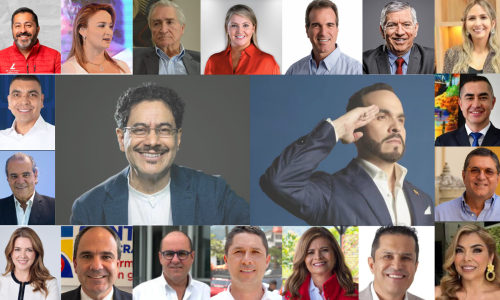 Rostros de Iván Cepeda y Abelardo de la Espriella rodeados de rostros de políticos reconocidos en el Eje Cafetero.