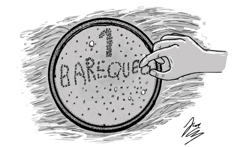 Ilustración de una batea con oro y las pepitas forman la palabra Barequeo