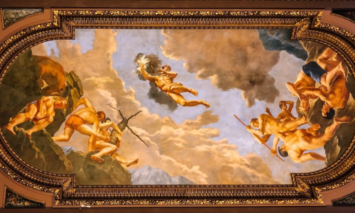 Foto del techo de la Biblioteca Pública de Nueva York con un mural de la obra "Prometeo".