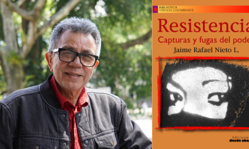 Rostro de Jaime Rafael Nieto y portada del libro Resistencias, en el que se ven los ojos de una muejr