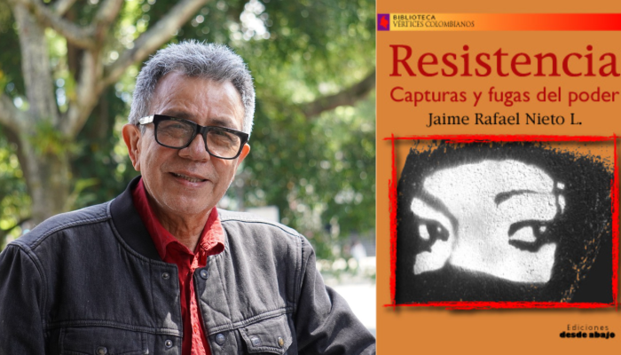 Rostro de Jaime Rafael Nieto y portada del libro Resistencias, en el que se ven los ojos de una muejr